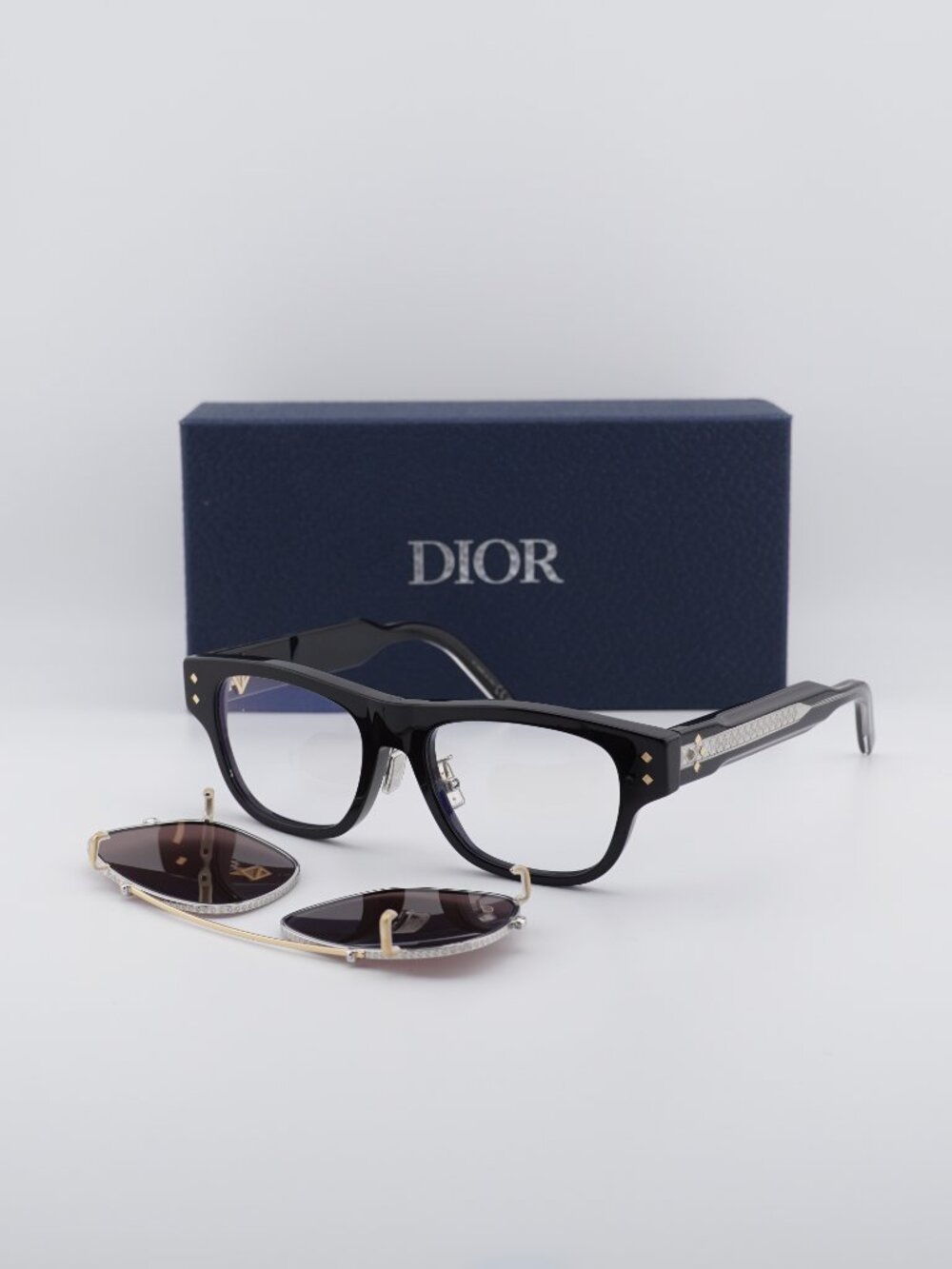 Dior CD DIAMONDO S10F 10BB Square Eyeglasses 53mm - Black with Clip-on Sunglass